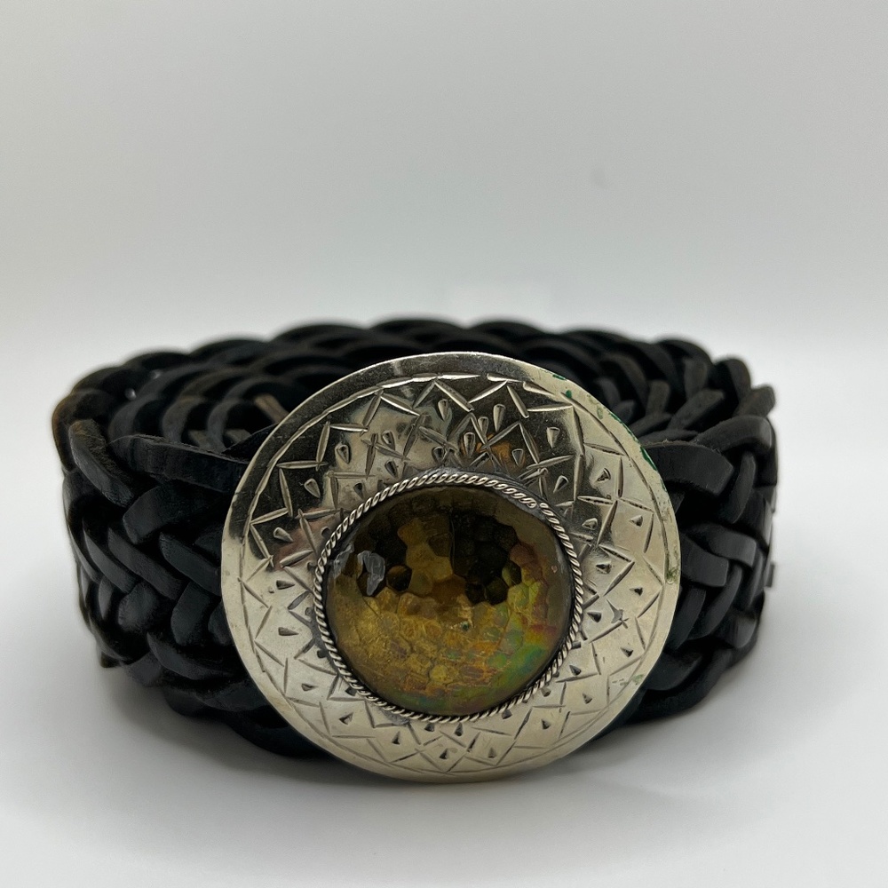 Silver/Brass Boho/Southwestern/Single Conch Black Braided Leather Belt